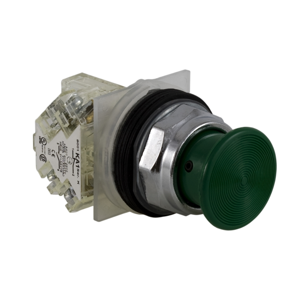 [Imagem BOTÃO COGUMELO METÁLICO Ø30MM Ø35MM VERDE NA+NF 9001KR24GH13 SCHNEIDER]