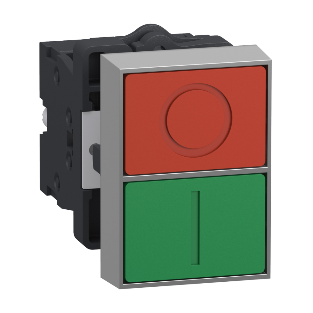 [Imagem BOTÃO DUPLO Ø22MM PLÁSTICO RETORNO POR MOLA VERDE FACEADO I VERMELHO FACEADO O XA2EA7A3415 SCHNEIDER]