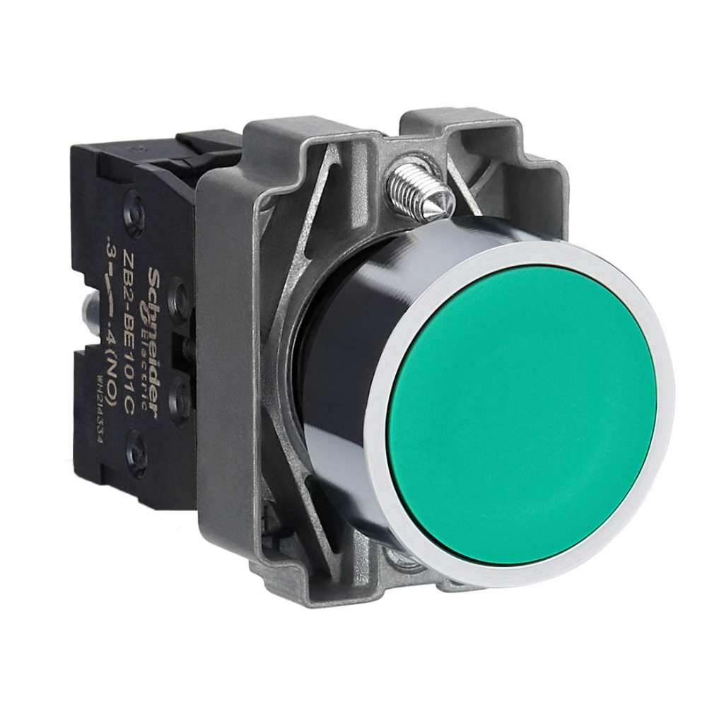 [Imagem BOTÃO PUSH METÁLICO EASY HARMONY Ø22 VERDE RETORNO POR MOLA 1NA XB2BA31C SCHNEIDER]