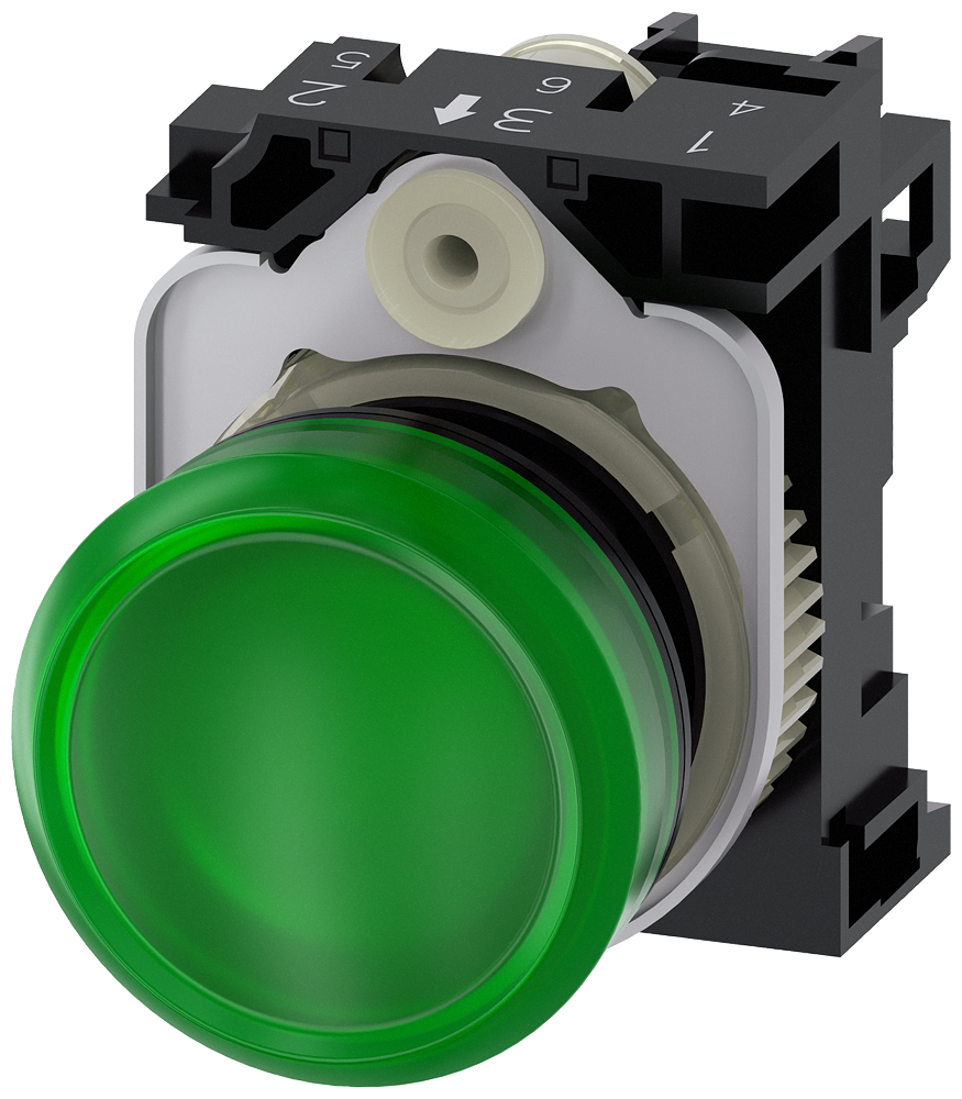 [Imagem SINALIZADOR LUMINOSO 22MM REDONDO PLÁSTICO VERDE LENTE PLANO 230VCA 3SU11066AA401AA0 SIEMENS]