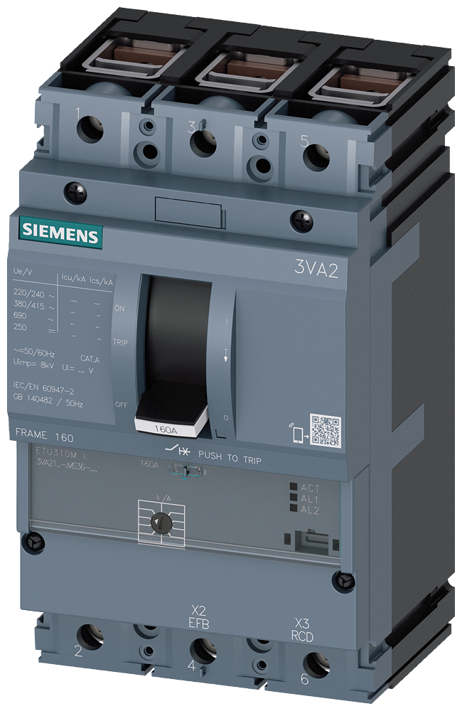 [Imagem DISJUNTOR 3VA2 IEC FRAME 160 CLASSE DE CAPACIDADE DE COMUTAÇÃO E ICU=200 KA @ 3VA21100MS360AA0 SIEMENS]