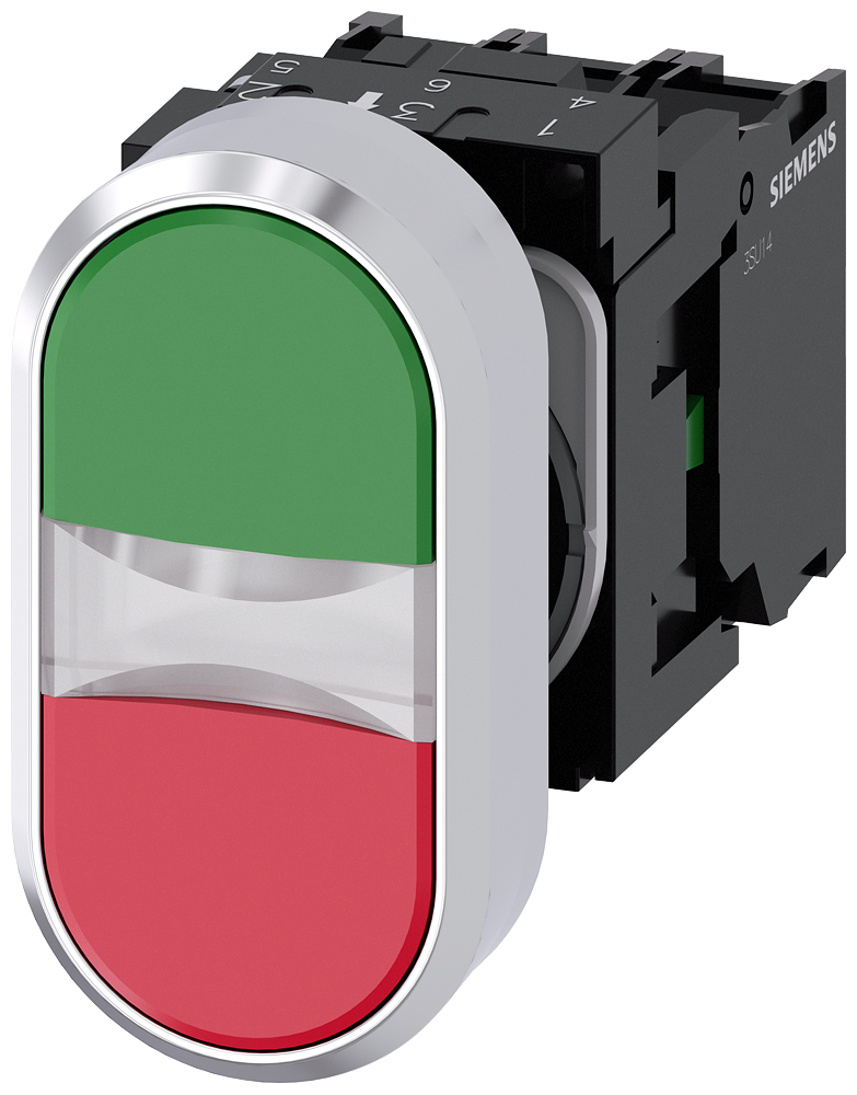 BOTÃO DE PRESSÃO DUPLO ILUMINADO 22 MM REDONDO METAL ALTO BRILHO VERDE, 3SU11583AB421MA0 SIEMENS