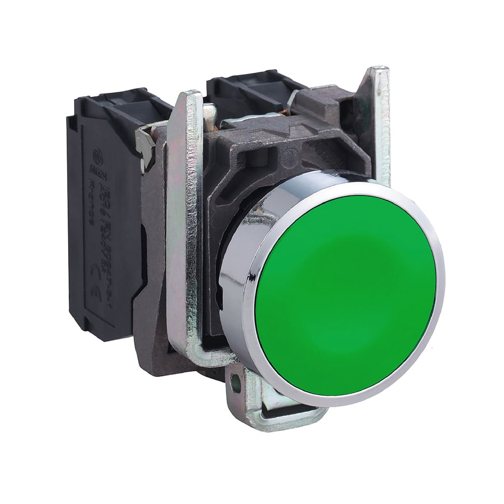 [Imagem BOTÃO 22MM METÁLICO RETORNO POR MOLA VERDE NA+NF XB4BA35 SCHNEIDER]
