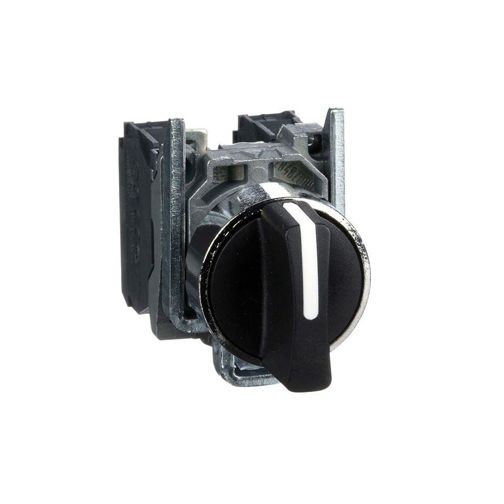 [Imagem COMUTADOR Ø22MM METÁLICO 3 POSIÇÕES RETORNO POR MOLA MANOPLA CURTA 2NA XB4BD53 SCHNEIDER]