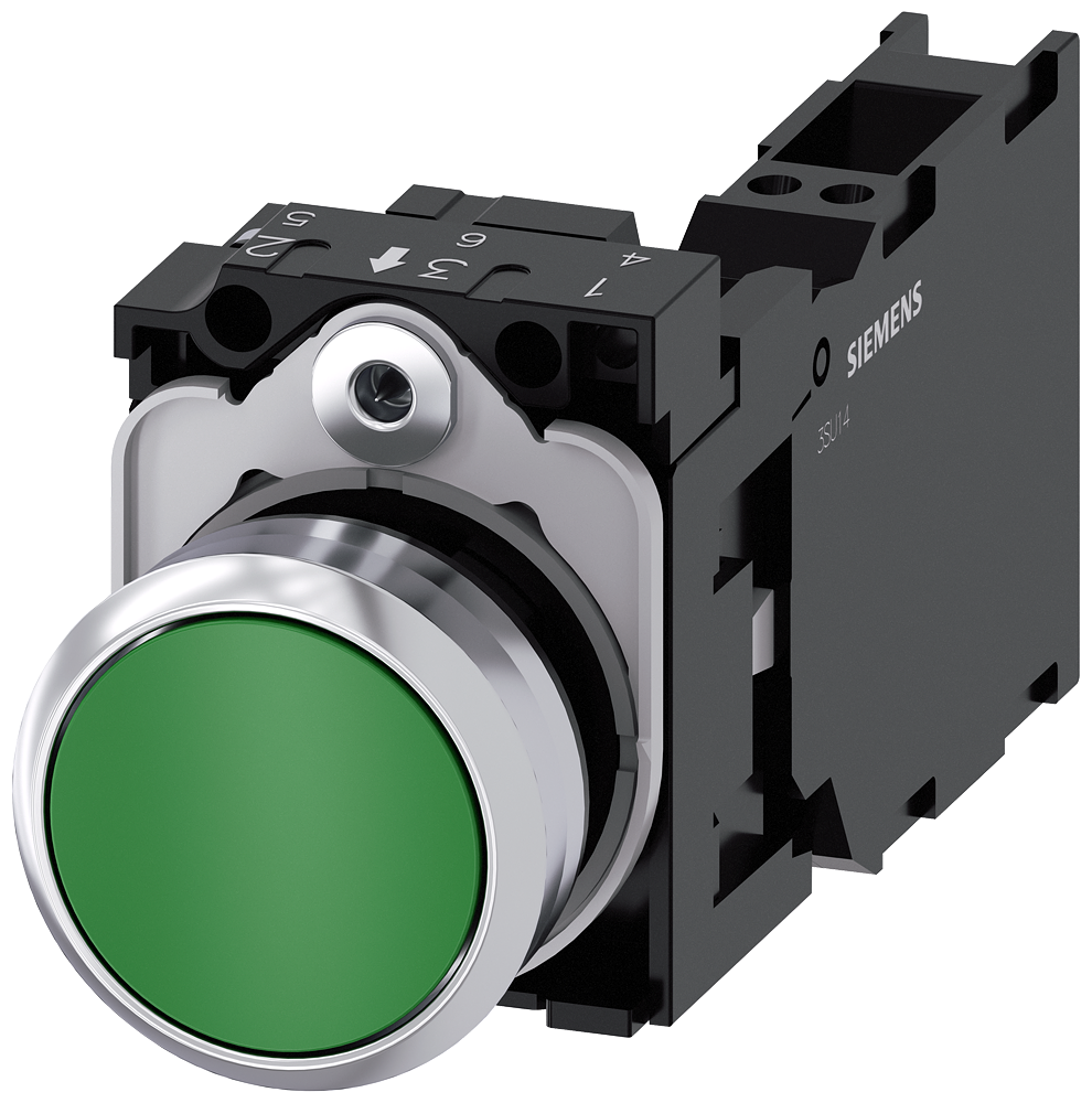 BOTÃO 22 MM REDONDO METAL DE ALTO BRILHO VERDE BOTÃO DE PRESSÃO PLANO, 3SU11500AB403FA0-ZY13 SIEMENS