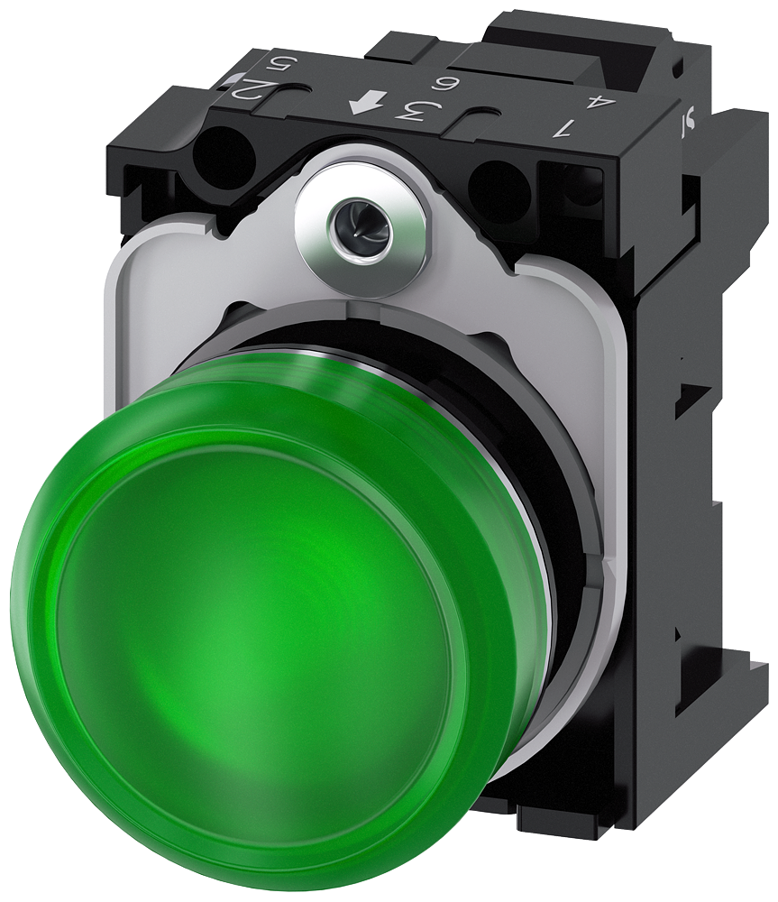 [Imagem do produto SINALIZADOR LUMINOSO, 22MM, REDONDO, METAL, ALTO BRILHO, VERDE, LENTE, PLANO, 3SU11566AA403AA0 SIEMENS]