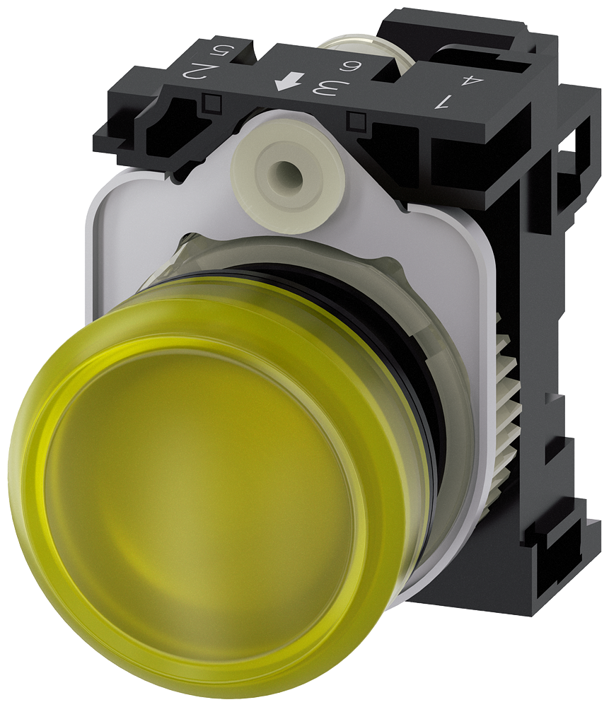 [Imagem do produto SINALIZADOR LUMINOSO, 22MM, REDONDO, PLÁSTICO, AMARELO, LENTE, PLANO, 230V CA 3SU11066AA303AA0 SIEMENS]