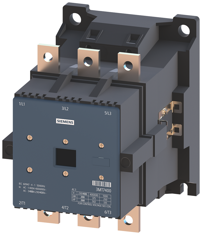 CONTATOR DE POTÊNCIA 3P AC3:400A 24 VCA 50 HZ CIRCUITO PRINCIPAL: PARAFUSO CI 3MT74008AA000AB0 SIEMENS