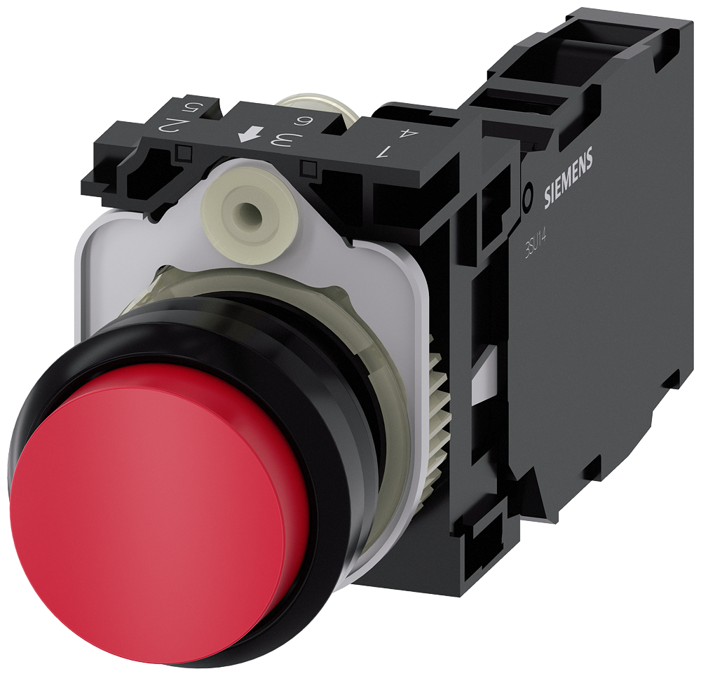 [Imagem do produto BOTÃO DE PRESSÃO, 22MM, REDONDO PLÁSTICO, VERMELHO, BOTÃO DE COMANDO, 1NA+1NF 3SU11000BB201FA0 SIEMENS]