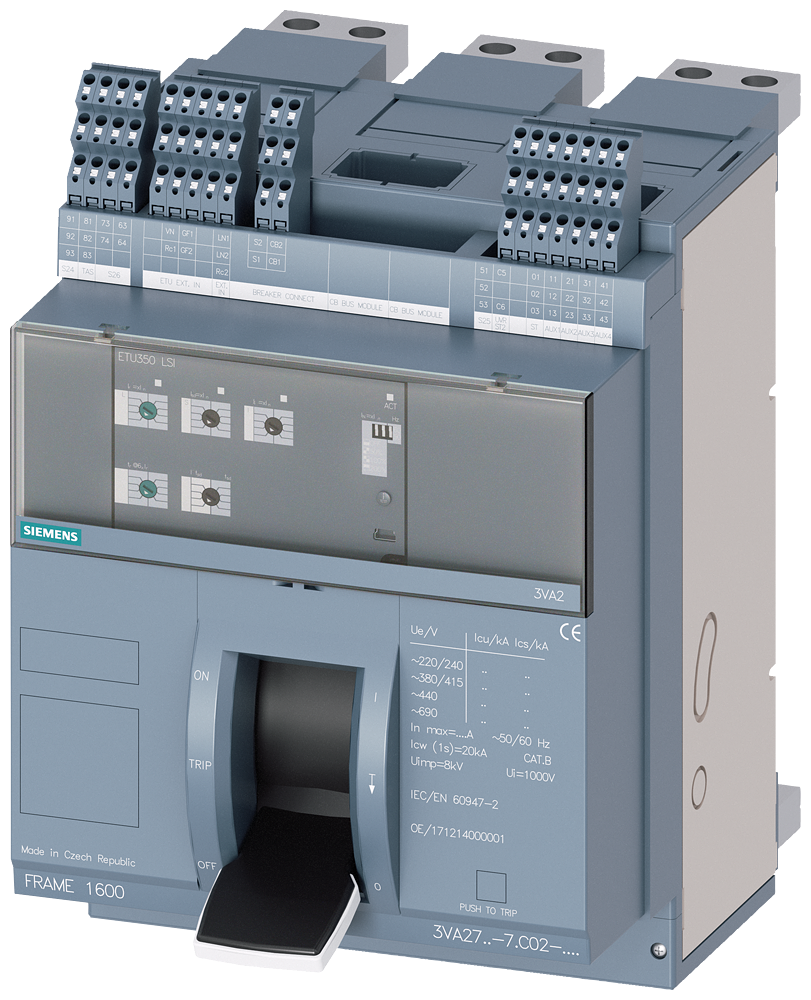 [Imagem DISJUNTOR DE MONTAGEM COMPACTO DE MONTAGEM FIXA FRAME 1600; 4AUX E CONTATO DE... 3VA27126AC020AA0 SIEMENS]