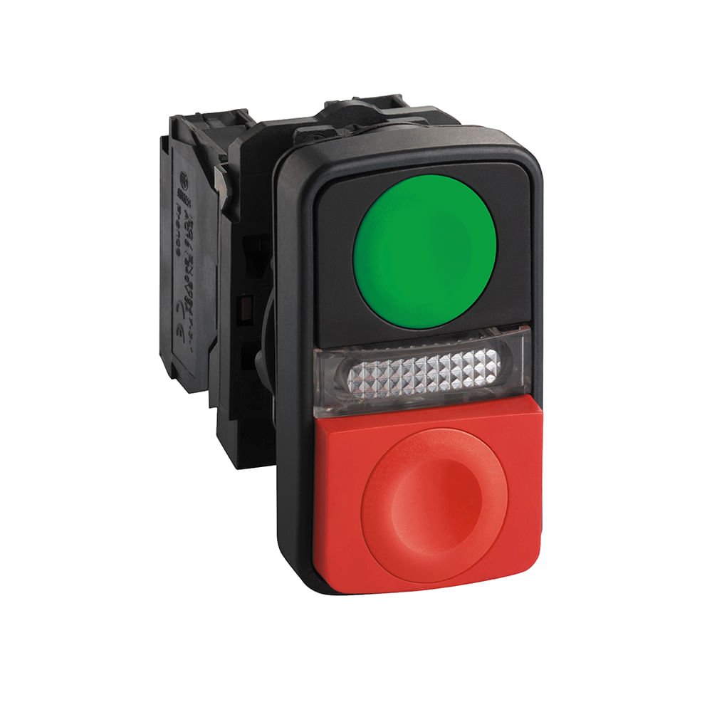 [Imagem BOTÃO DUPLO 22MM PLÁSTICO RETORNO POR MOLA NA+NF LED 230V XB5AW73731M5 SCHNEIDER]