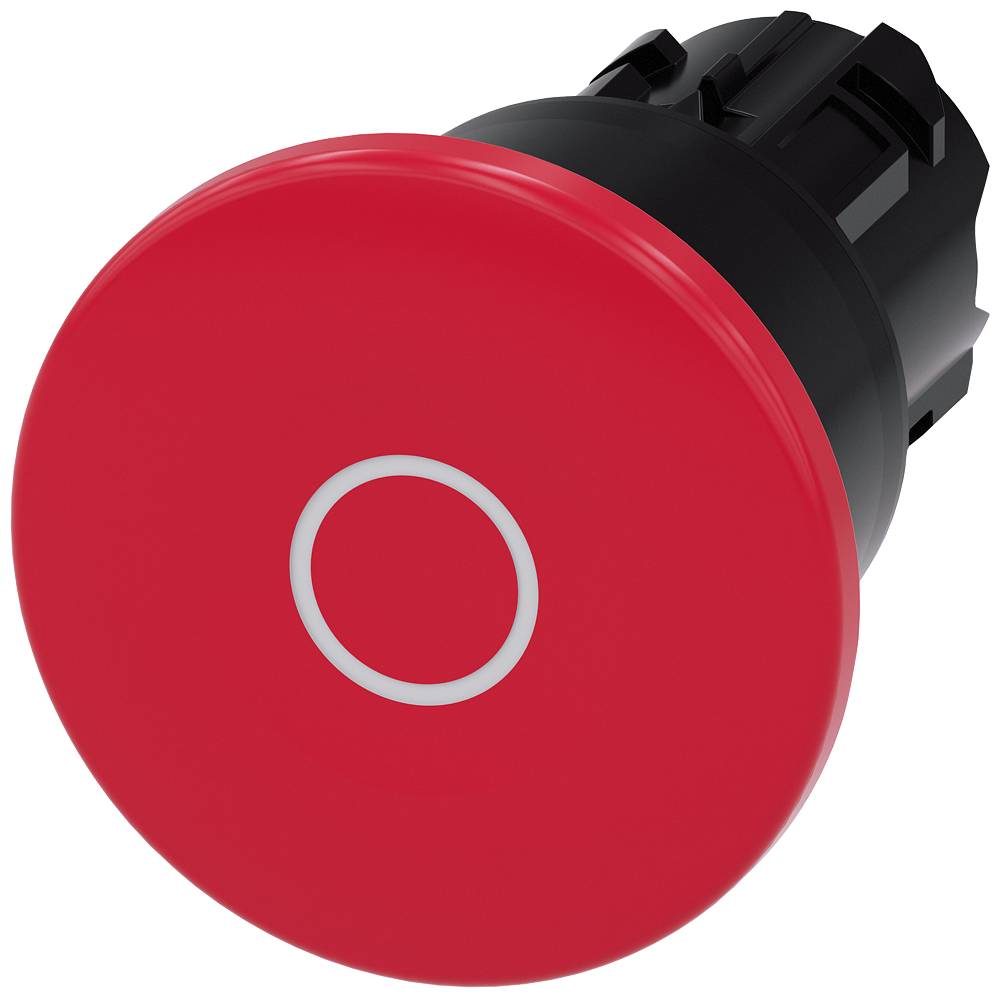 BOTÃO TIPO COGUMELO 22 MM REDONDO PLÁSTICO VERMELHO INSCRIÇÃO: O 40 MM, 3SU10001BA200AD0-ZX90 SIEMENS