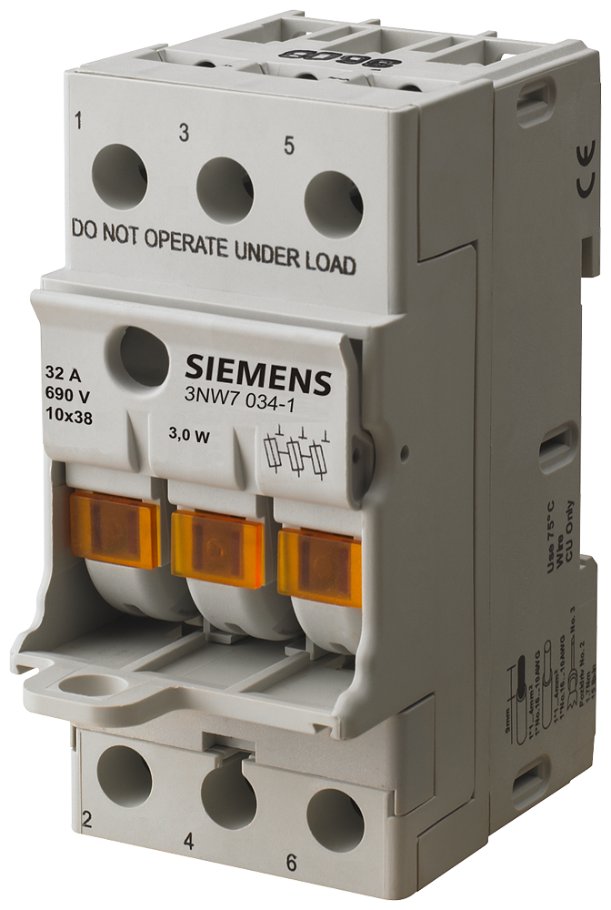 SUPORTE DE FUSÍVEL CILÍNDRICO 10X38 MM 3 POLOS IN: 32 A UN CA: 6 3NW70341 SIEMENS