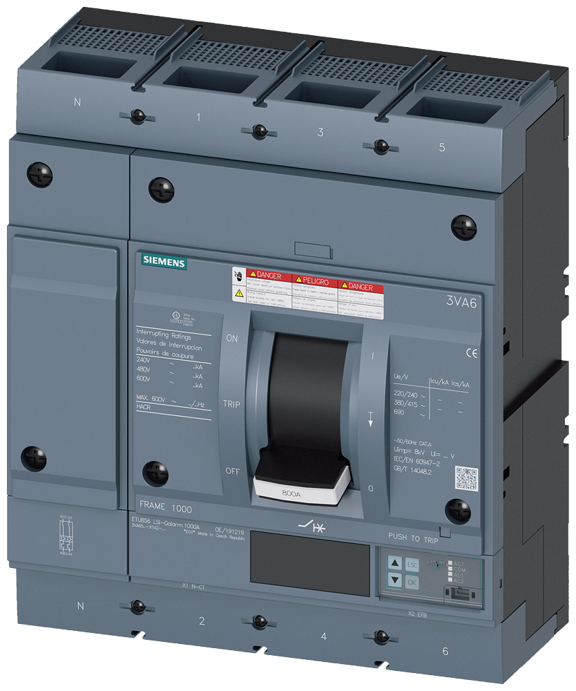 DISJUNTOR UL FRAME 800 800 A DE 4 POLOS 35 KA ETU8 LSI CONEXÃO ROSCAD 3VA65805KT422AA0 SIEMENS