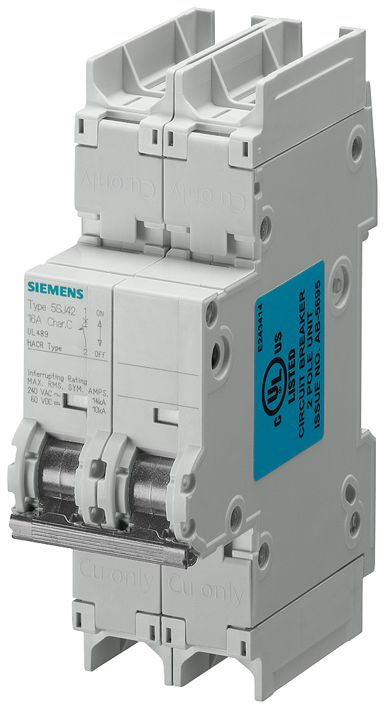 [Imagem DISJUNTOR AUTOMÁTICO 240V 14KA, DE 2 POLOS, C, 15A, P=70MM SEGUNDO UL 489 5SJ42187HG41 SIEMENS]