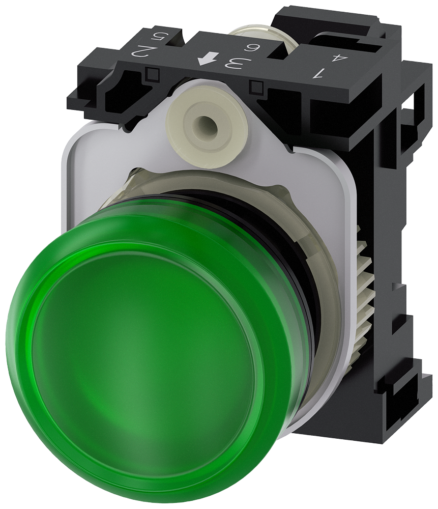 [Imagem do produto SINALIZADOR LUMINOSO, 22MM, REDONDO PLÁSTICO, VERDE, LENTE, PLANO, 24V CA/CC 3SU11026AA403AA0 SIEMENS]