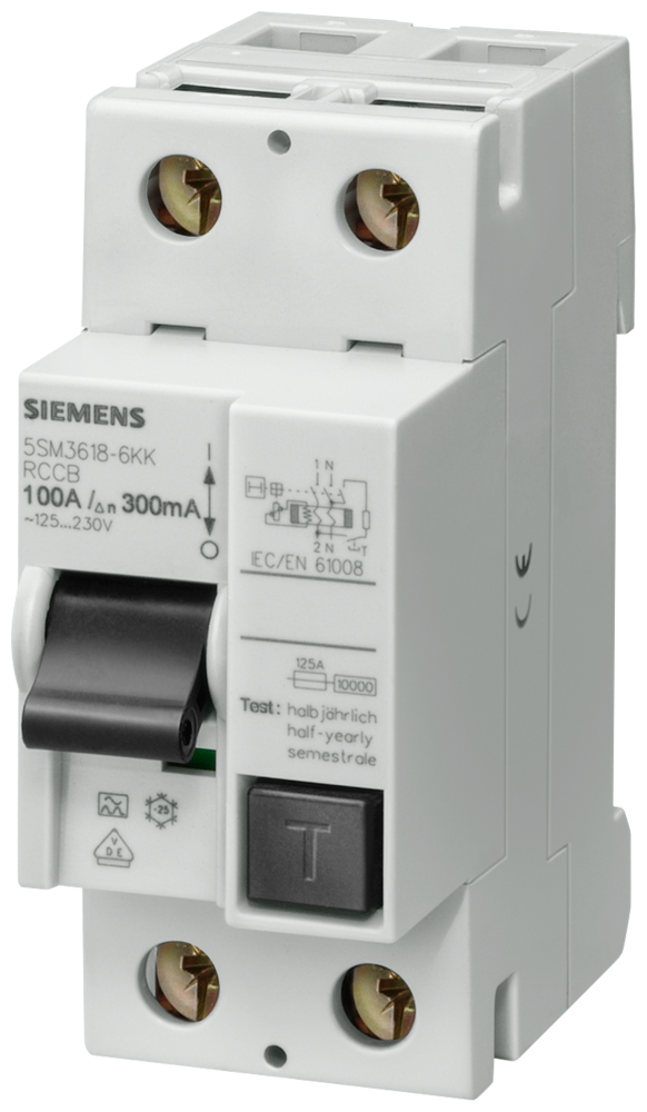 [Imagem DISJUNTOR DE CORRENTE DE FUGA, 2 POLOS, TIPO A, IN: 100 A, 30 MA, UN CA: 230 V 5SM33186KK SIEMENS]