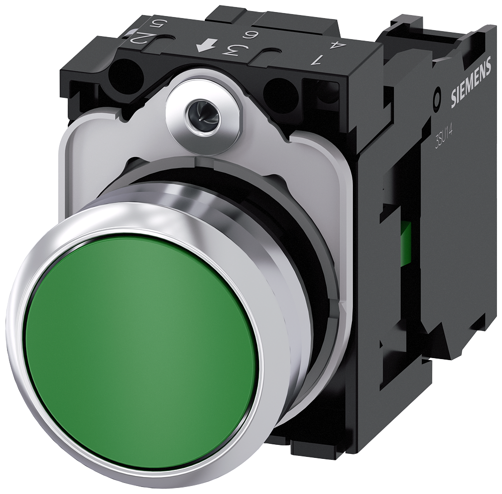 BOTÃO 22 MM REDONDO METAL DE ALTO BRILHO VERDE BOTÃO DE PRESSÃO PLANO, 3SU11500AB401BA0-ZX90 SIEMENS
