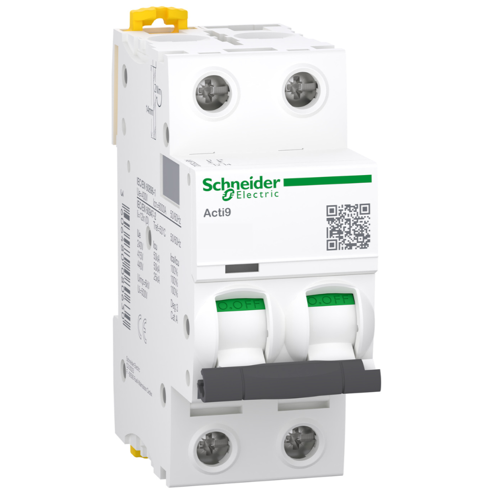 [Imagem DISJUNTOR MINI BIPOLAR ACTI9 IC60N 10A CURVA C 500VCA 50/60HZ A9F74210 SCHNEIDER]