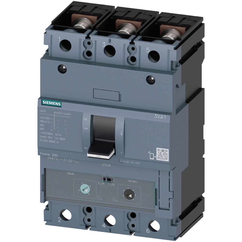 [Imagem DISJUNTOR CAIXA MOLDADA TRIPOLAR FIXO 250A 690V 70KA 3VA12256EF320AA0 SIEMENS]