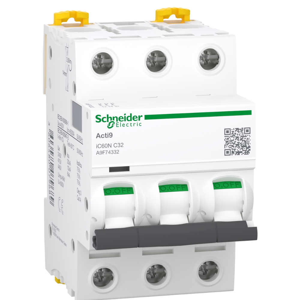 [Imagem DISJUNTOR MINI TRIPOLAR 10KA 32A 440V A9F74332 SCHNEIDER]
