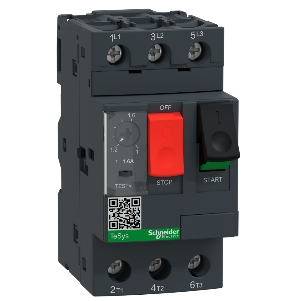 [Imagem DISJUNTOR MOTOR TRIPOLAR TESYS COM BOTÃO DE IMPULSÃO GV2 1A/1,6A 690V 50/60HZ GV2ME06 SCHNEIDER]