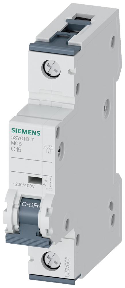 [Imagem do produto DISJUNTOR MINI MONOPOLAR 15A 230/400V CURV C 6KA 5SY61187 SIEMENS]