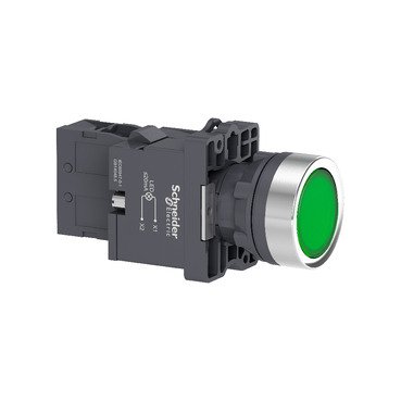 [Imagem BOTÃO LUMINOSO Ø22MM PLÁSTICO RETORNO POR MOLA VERDE NA 220VCA XA2EW33M1 SCHNEIDER]