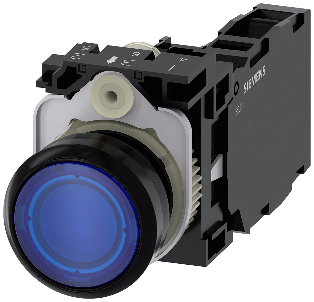 BOTÃO DE PRESSÃO ILUMINADO 22MM REDONDO PLÁSTICO AZUL 1NA+1NF 110V CA 3SU11030AB501FA0 SIEMENS