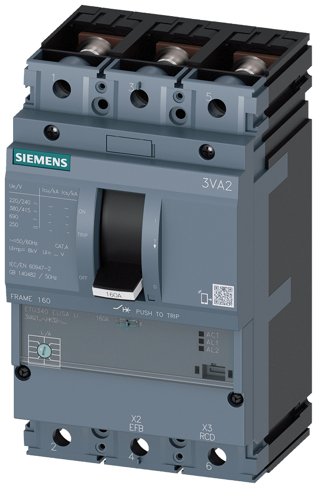 DISJUNTOR IEC FRAME 160 100 A DE 3 POLOS 150 KA ETU3 ELISA CONEXÃO RO 3VA21108HK320AA0 SIEMENS