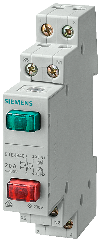 BOTÃO 1NA+1NF 20A 2 TECLAS VERMELHA E VERDE LED 230V 5TE4841 SIEMENS