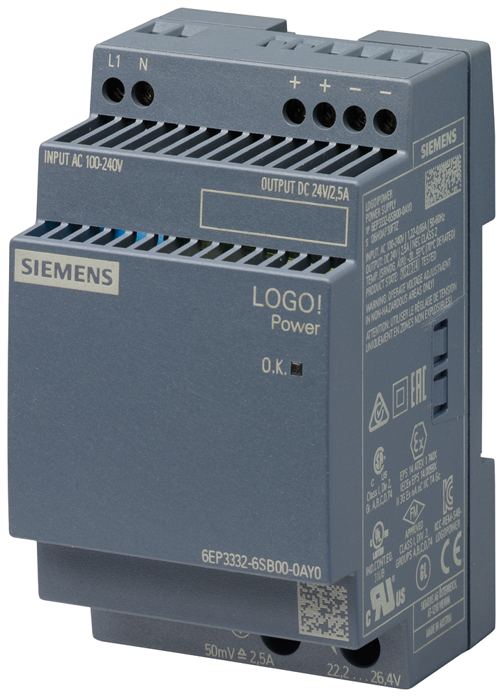 [Imagem FONTE DE ALIMENTAÇÃO ESTABILIZADA 100-240VCA S24VCC 2.5A LOGO 6EP33326SB000AY0 SIEMENS]