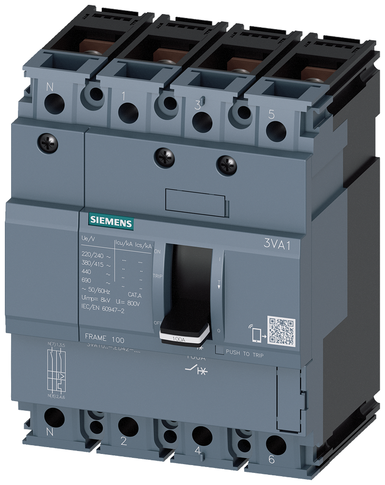 [Imagem DISJUNTOR 3VA1 IEC FRAME 100 CLASSE DE CAPACIDADE DE COMUTAÇÃO B ICU=16KA @ 415V 3VA10632ED420AA0 SIEMENS]