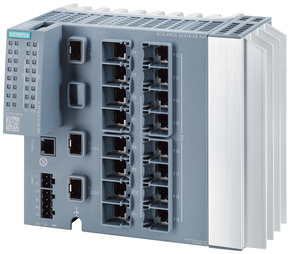 [Imagem SCALANCE XC216-3G POE 24V, SWITCH GER. C2, 14XRJ45POE, 2XRJ45, 2XSFP+, 1XSFP 6GK52163RS002AC2 SIEMENS]