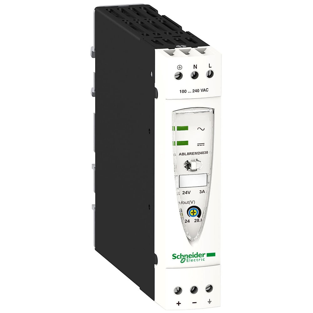 [Imagem FONTE DE ALIMENTAÇÃO REGULADA BIFÁSICA 72W E-100/240VCA S-24VCC ABL8REM24030 SCHNEIDER]
