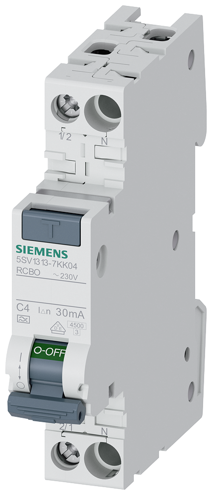 [Imagem DISJUNTOR DIF./AUT. COMPACTO 1P+N 4,5KA TIPO A 30MA C4 5SV13137KK04 SIEMENS]