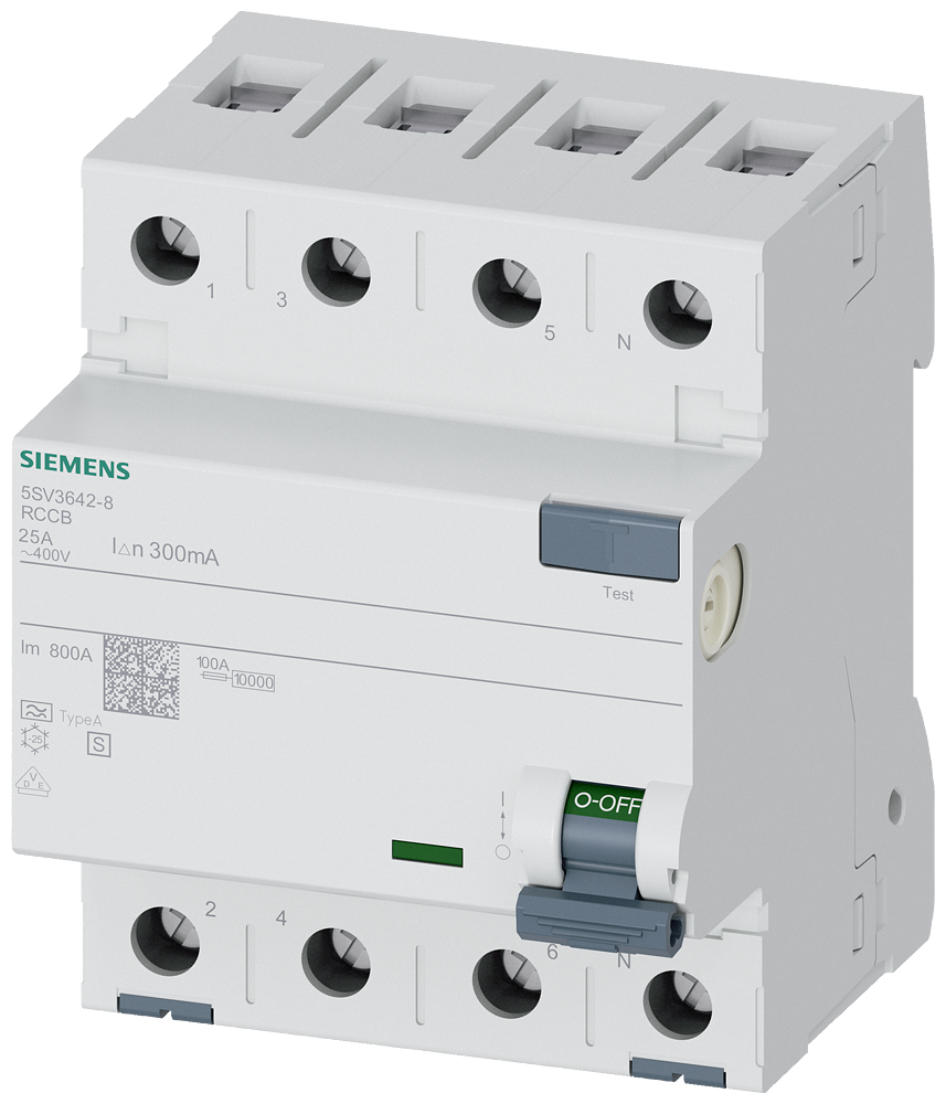 [Imagem DISJUNTOR DR TETRAPOLAR  25A 300MA 400V 5SV36428 SIEMENS]