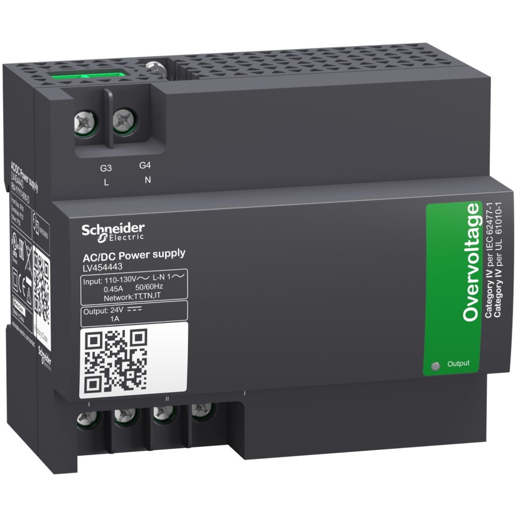 [Imagem do produto EXTERNAL POWER SUPPLY MODULE INPUT VOLTAGE 110 V AC TO 130 V AC 50/60 HZ OUTPUT VOLTAGE 24 V DC OUTPUT CURRENT 1 A LV454443 SCHNEIDER]