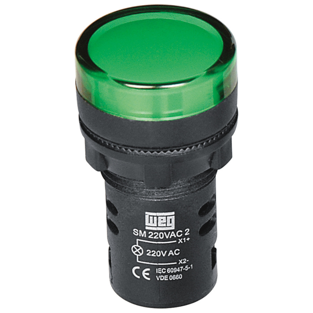 [Imagem SINALEIRO MONOBLOCO VERDE 22 MM DE RESINA TERMOPLASTICA 220V 5060HZCC 10046531 WEG]