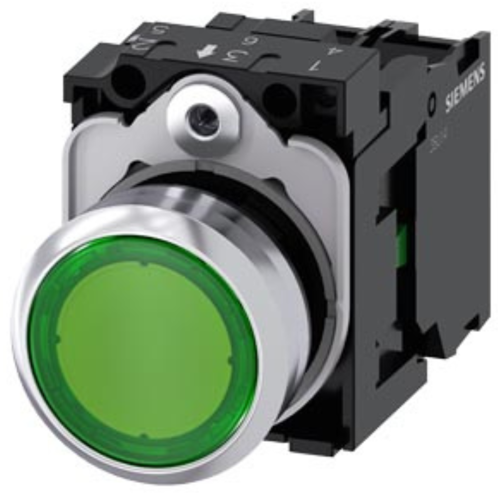 [Imagem BOTÃO FRONTAL REDONDO ILUMINADO METÁLICO VERDE 22MM 24VCA/CC LED 3SU11520AB401BA0 SIEMENS]