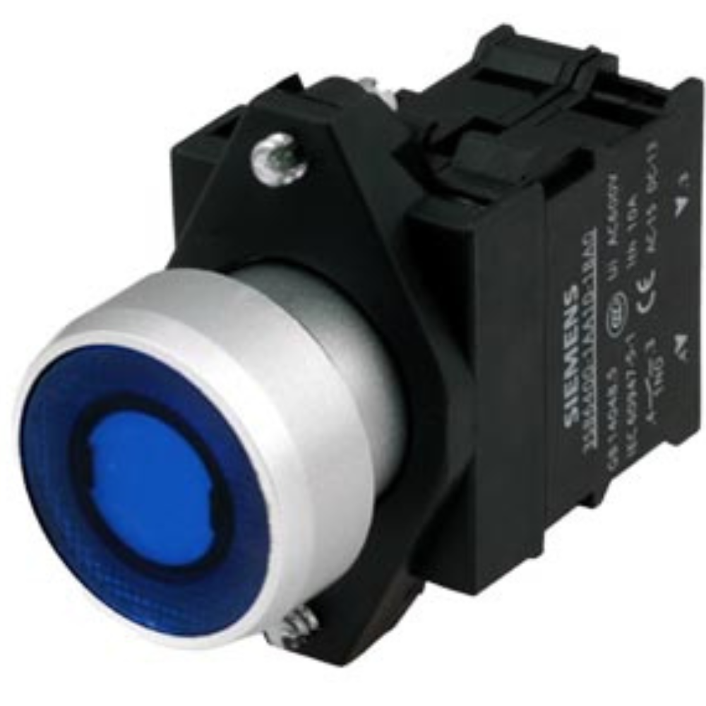 [Imagem BOTÃO DE PRESSÃO REDONDO METALIZADO DE PLÁSTICO DE 22 MM ILUMINADO AZUL A7B10001214056 SIEMENS]