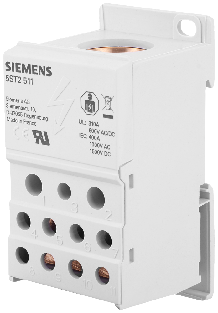 [Imagem do produto BLOCO DISTRIBUIDOR DE 1 POL., 400A, 690V ENTRADA: 1X 95-185MM2 SAÍDA: 2X2,5-2 5ST2511 SIEMENS]