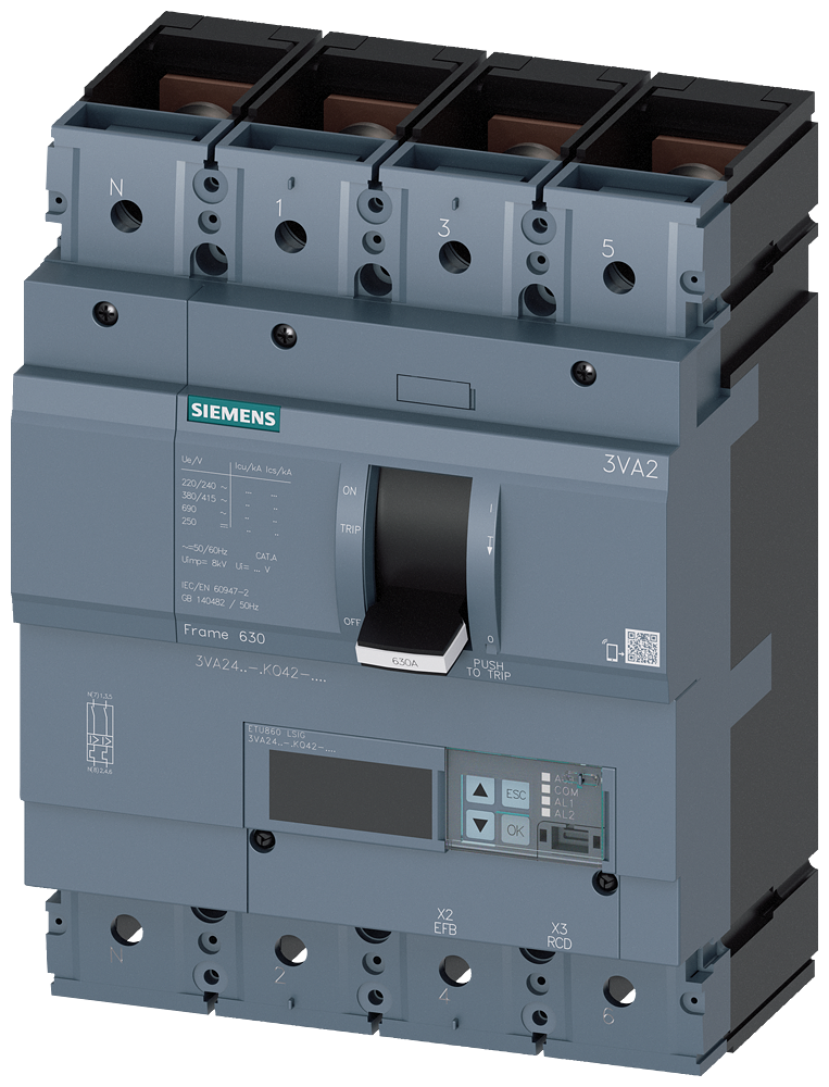 DISJUNTOR IEC FRAME 630 400 A DE 4 POLOS 110 KA ETU8 LSIG CONEXÃO ROS 3VA24407KQ420AA0 SIEMENS