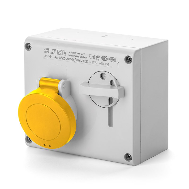 [Imagem do produto TOMADA DE EMBUTIR INTERTRAVAMENTO 16A 3P+T 4H IP44 100-130V 500.1672 SCAME]