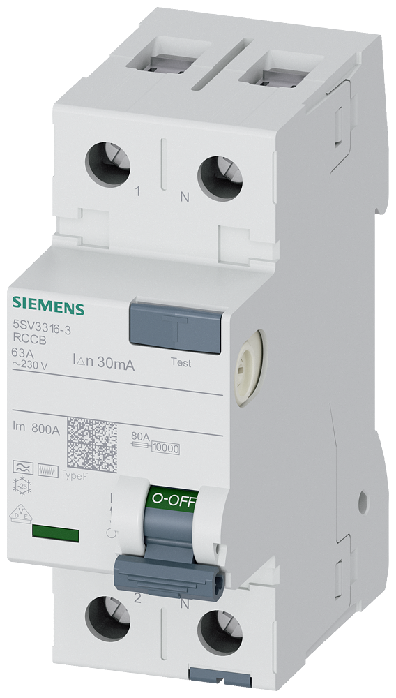 [Imagem DISJUNTOR DE CORRENTE DE FUGA, DE 2 POLOS, TIPO F, COM RETARDAMENTO A CURTO P 5SV33163 SIEMENS]