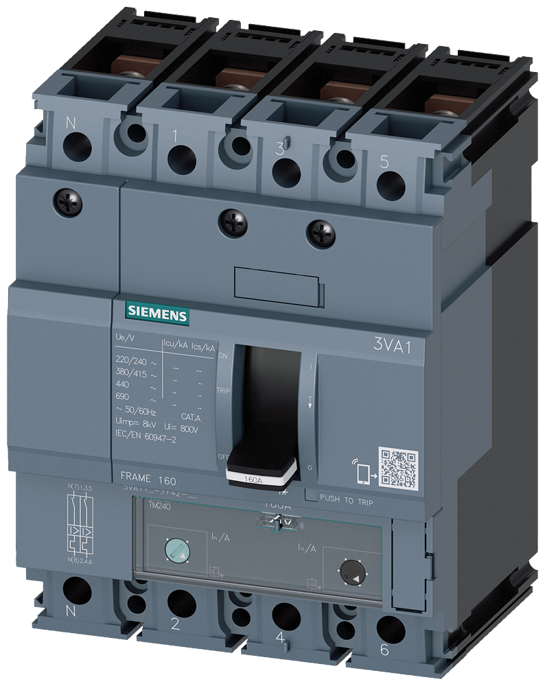 DISJUNTOR IEC FRAME 160 160 A DE 4 POLOS 25 KA TM ATAM CONEXÃO ROSCAD 3VA11163GF420AA0 SIEMENS