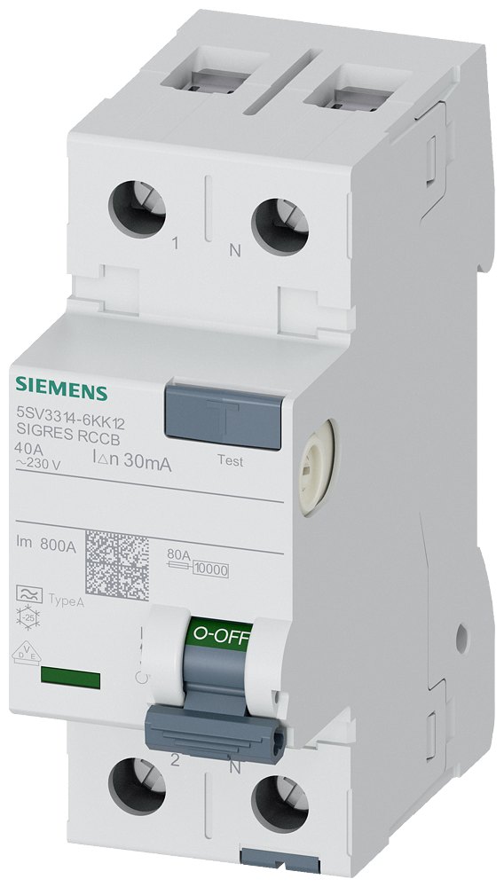 [Imagem DISJUNTOR DE CORRENTE DE FUGA, DE 2 POLOS, TIPO A, IN: 40 A, 30 MA, UN CA: 23 5SV33146KK12 SIEMENS]