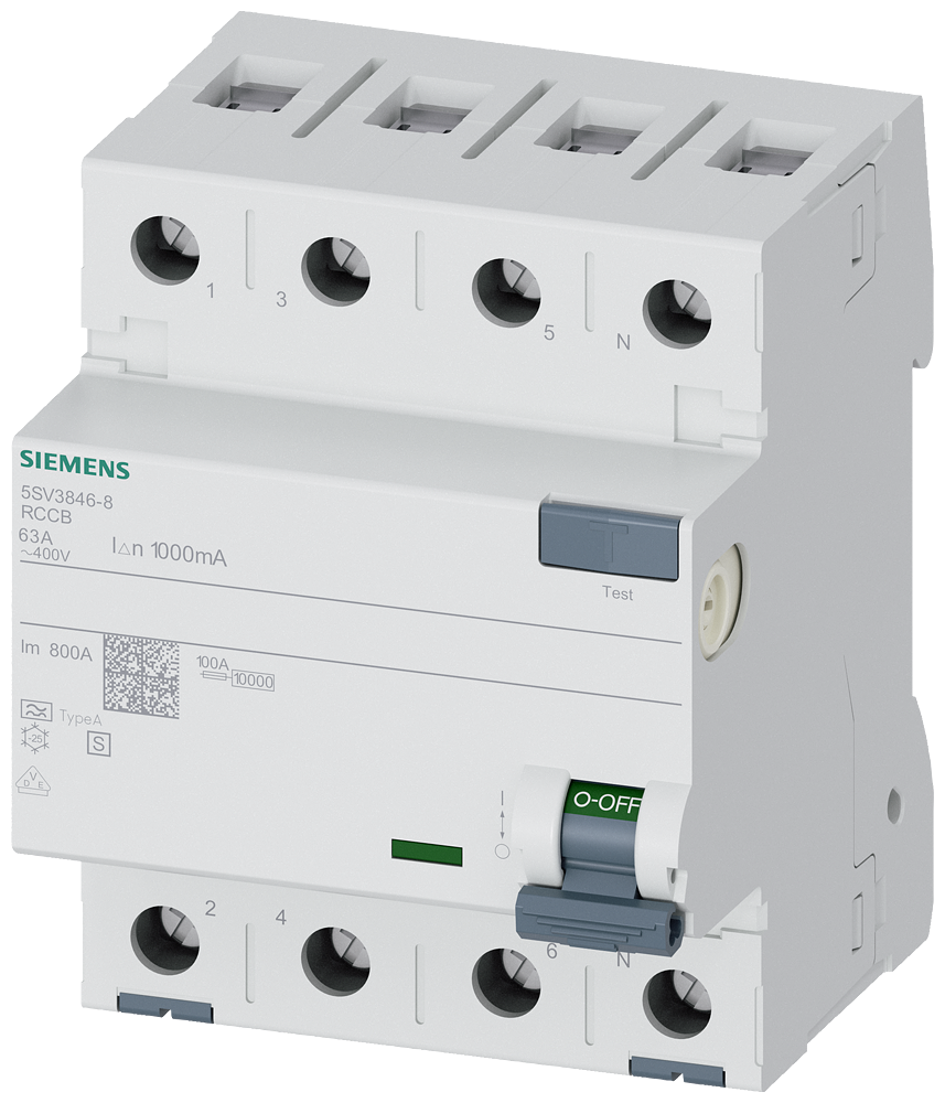 [Imagem DISJUNTOR DE CORRENTE DE FUGA, 4 POLOS, TIPO A, SELETIVO, IN: 63 A, 1000 MA,  5SV38468 SIEMENS]