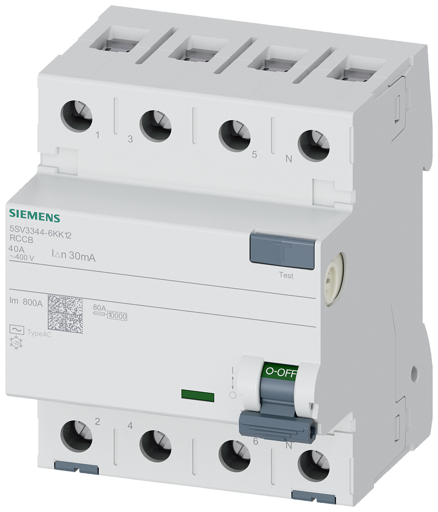 [Imagem DISJUNTOR DE CORRENTE DE FUGA, DE 4 POLOS, TIPO A, IN: 40 A, 30 MA, UN CA: 40 5SV33446KK12 SIEMENS]