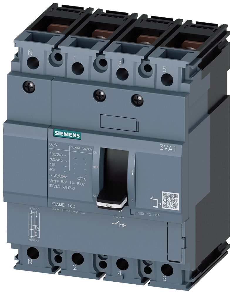 [Imagem DISJUNTOR 3VA1 IEC FRAME 160 CLASSE DE CAPACIDADE DE COMUTAÇÃO M ICU=55KA @ 415V 3VA11105ED420AA0 SIEMENS]